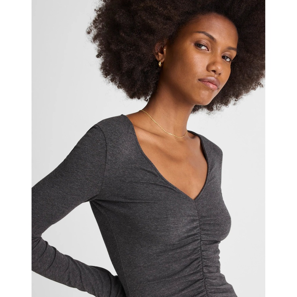 NWT Madewell Shirred V-Neck Long-Sleeve Top (Ruched) Jet Black Medium - Picture 2 of 8